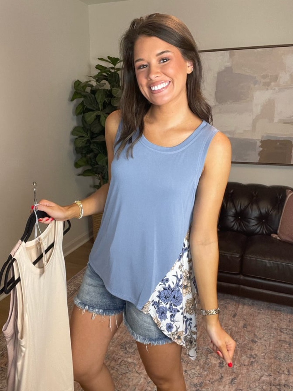 Mystree Asymmetric Tank Top - Beige with floral side tale